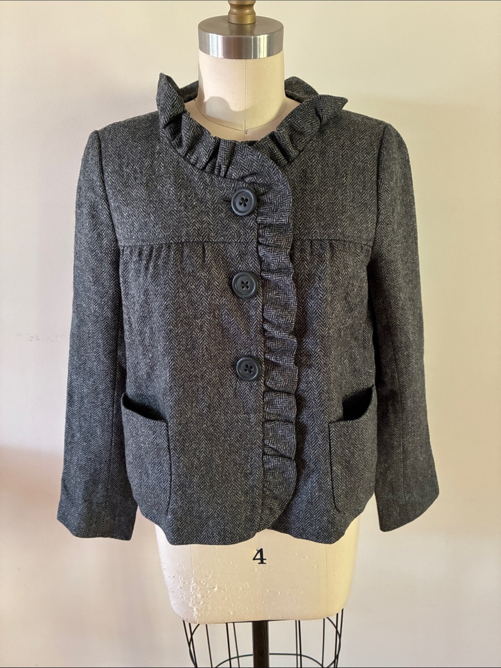 J. Crew Gray Herringbone Ruffle-Trim Jacket